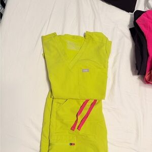 Bright green Scrub Set with Pink Accents